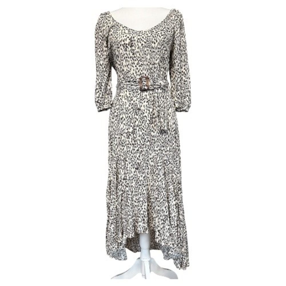 By Together Leopard Print Midi Dress Tie Waist 3/4 Sleeve High Low‎ Hem